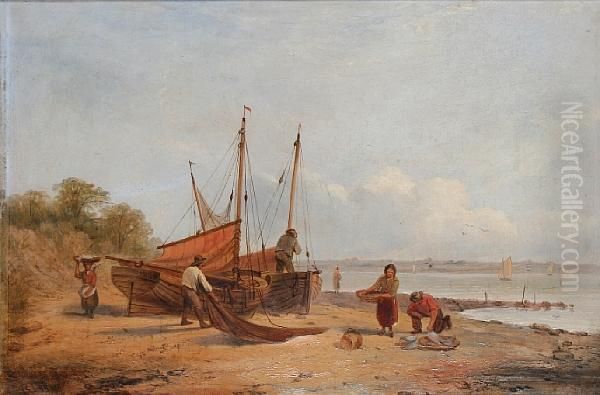 Fisherfolk On The Shore, Probably The Mersey Near Eastham Oil Painting by Benjamin Callow