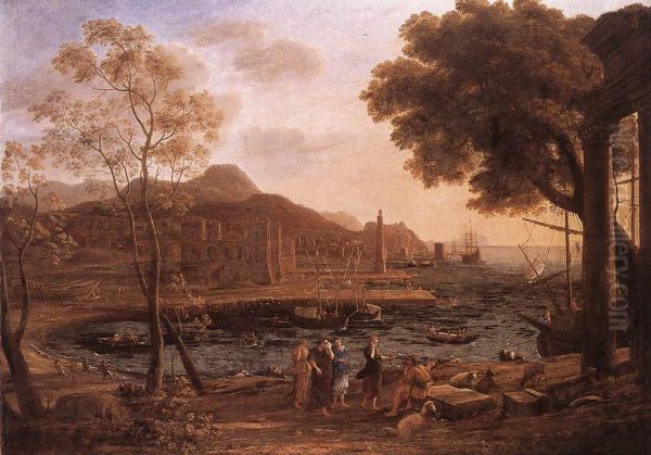 Harbour in rocky landscape Oil Painting by Claude Lorrain