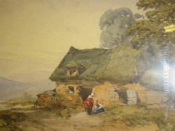 Lakeland Scene With Cottage And Figures In The Foreground Oil Painting by Benjamin Callow