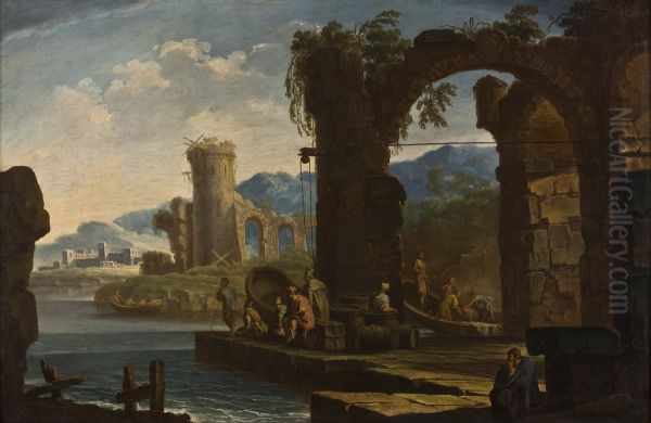 Mediterranean port with high, ruinous and overgrown archway, round tower and aquaduct in the background Oil Painting by Clemente Spera