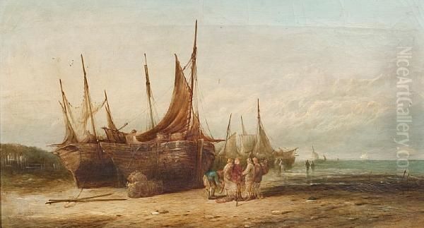 Fishing Boats On The Shore Oil Painting by George D. Callow