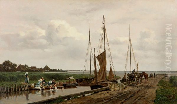 Port of Wustrow with washerwomen Oil Painting by Carl Malchin