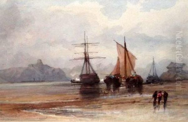 Coastal View With Fisherfolk By Boats Oil Painting by John Callow