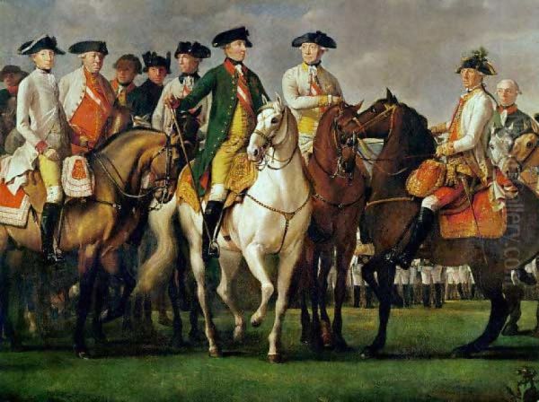 Kaiser Joseph II. mit Franz II. (links) und der Generalitat im Lager bei Munchendorf, 1786. Oil Painting by unknown