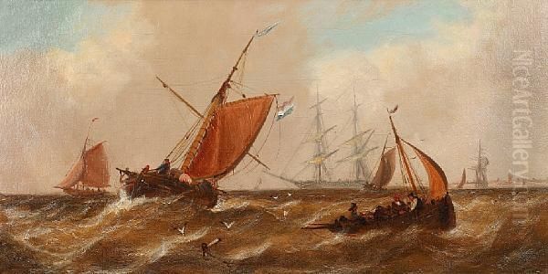 Sailing Vessels Off A Coast Oil Painting by John Callow