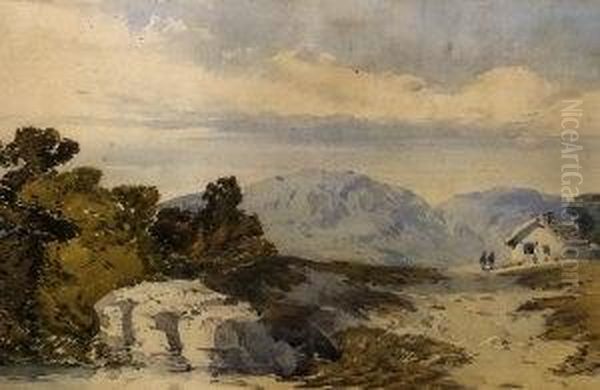 Mountainous Landscape With Figures Walking By A White Cottage Oil Painting by William Callow