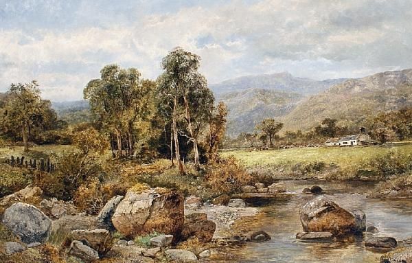 River Landscape, Near Capel Curig, North Wales Oil Painting by James T. Callowhill