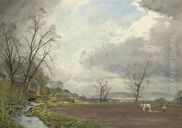 Ploughing At Newstead Bridge, Near Melrose, Roxburghshire Oil Painting by Thomas Scott Callowhill