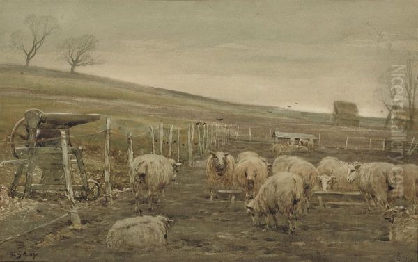 Penned Sheep Oil Painting by Thomas Scott Callowhill