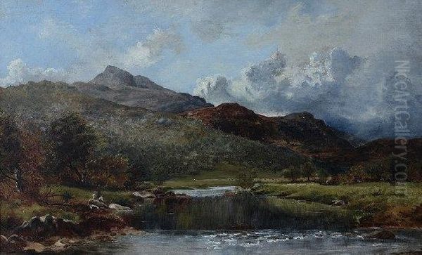 River Landscape With Children Oil Painting by Thomas Scott Callowhill