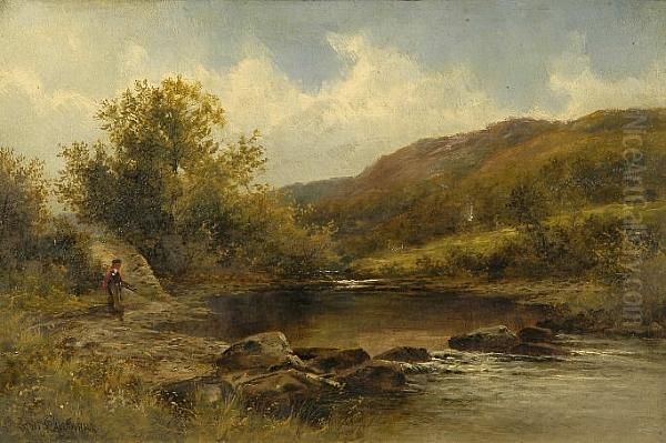 A Faggot Gatherer In A River Landscape Oil Painting by Thomas Scott Callowhill