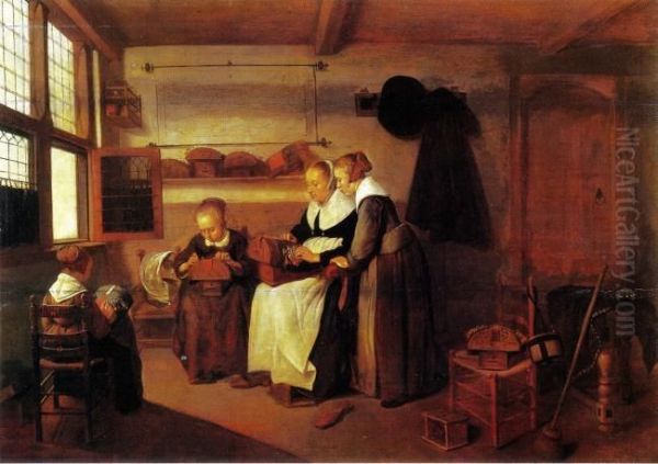 A Lacemaker Teaching her Pupils Oil Painting by Quirijn van Brekelenkam