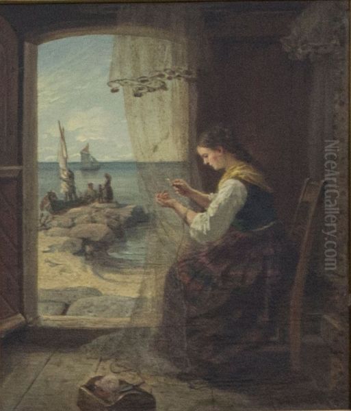 Garnbinding Oil Painting by Adolph Tidemand