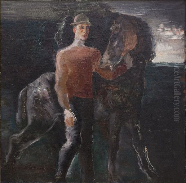 Mann med hest Oil Painting by Bjarne Ness