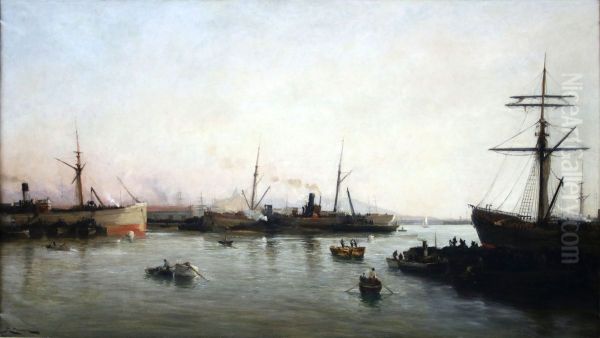 Navires charbonniers dans le bassin national. Oil Painting by Raphael Luc Ponson