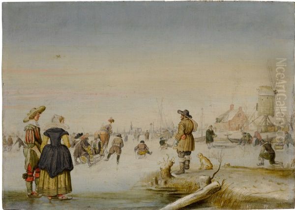 Figures skating on a frozen lake with an elegant couple in the foreground Oil Painting by Hendrick Avercamp