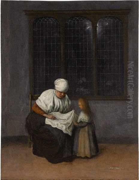 Old woman seated with a young girl before a window Oil Painting by Jacob Vrel