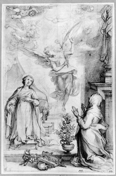 The Annunciation. To the right, St. Catherine of Siena in adoration Oil Painting by Francesco Vanni