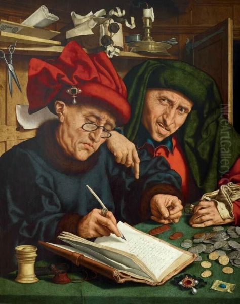 Two tax collectors or misers in an interior Oil Painting by Quinten Metsys