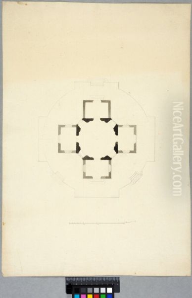 Design for a Cross-shaped Pavilion Placed on a Terrace. Plan Oil Painting by Carl Harleman