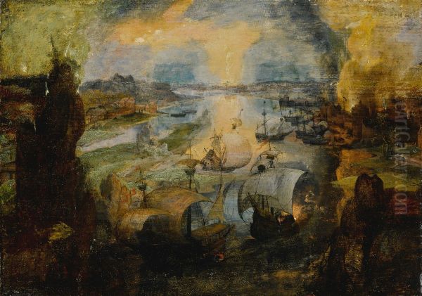 Seascape with ships and a burning city Oil Painting by Pieter Brueghel the Elder