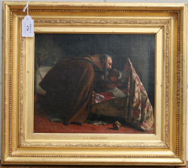 Monk And Child Looking At A Baby In A Crib Oil Painting by Claude Andrew Calthrop