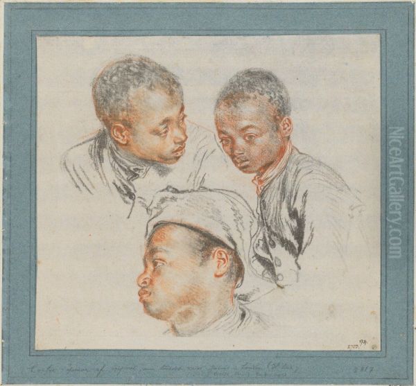 'Three Studies of the Head of a Black Youth' Oil Painting by Jean-Antoine Watteau