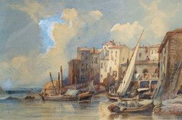 Mediterranean Harbour Scene; Watercolour, Signed With Initials Anddated 1844, 16x24.5cm Oil Painting by Charles Calvert