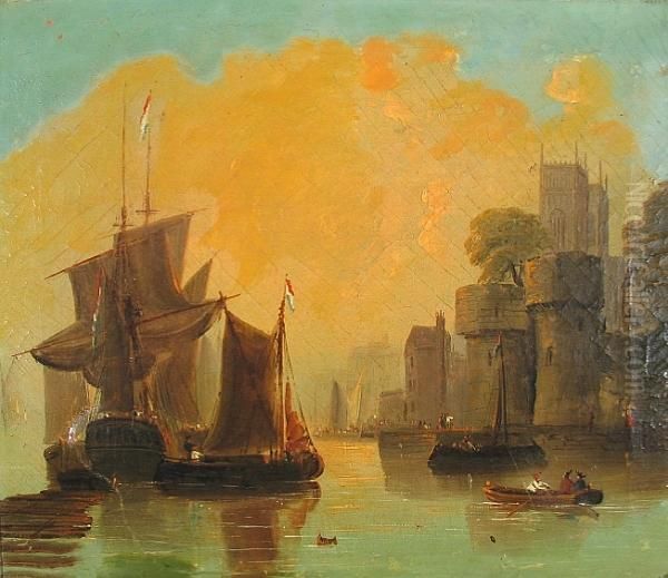 A Harbor Scene With A Castle In The Foreground Oil Painting by Edward Calvert