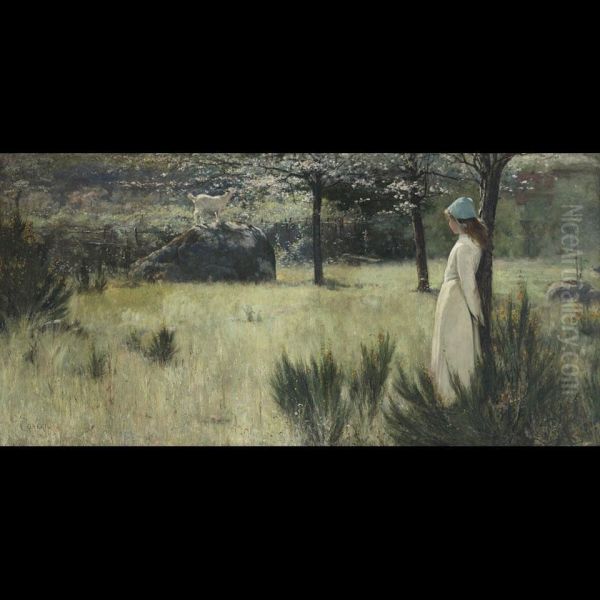 The Young Shepherdess And Her Goat In A Springtimepasture Oil Painting by Edwin Sherwood Calvert