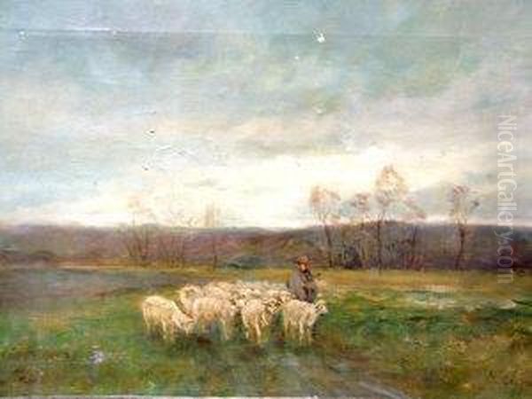 Clavert, -- Shepherd And His Flock In A Field At Dusk Oil Painting by Edwin Sherwood Calvert