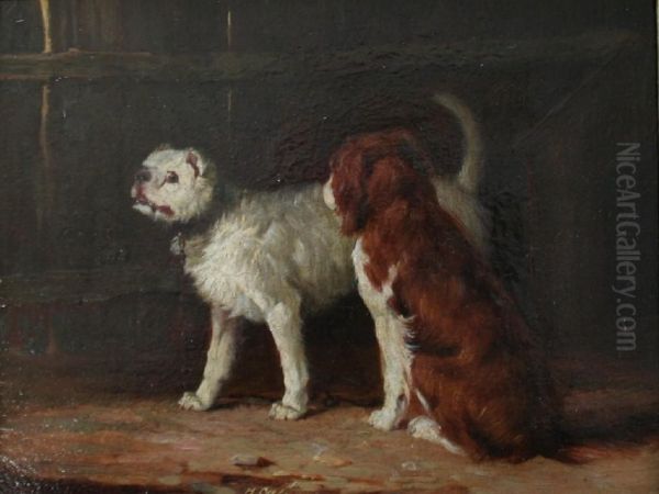 Two Dogs In A Yard Oil Painting by Henry Calvert