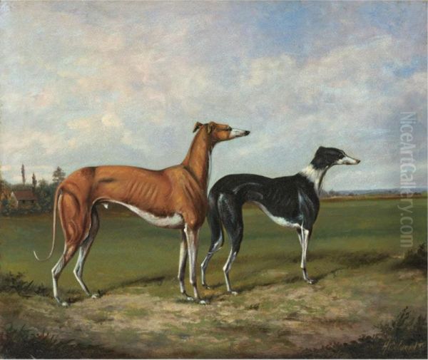 Two Greyhounds In A Landscape Oil Painting by Henry Calvert