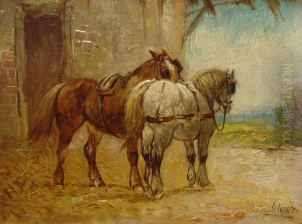 Paarpferde Vor Dem Stall Oil Painting by Henry Calvert