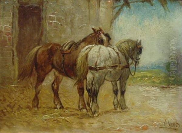 ' Paar Pferde Vor Dem Stall', Ol/lwd. Oil Painting by Henry Calvert