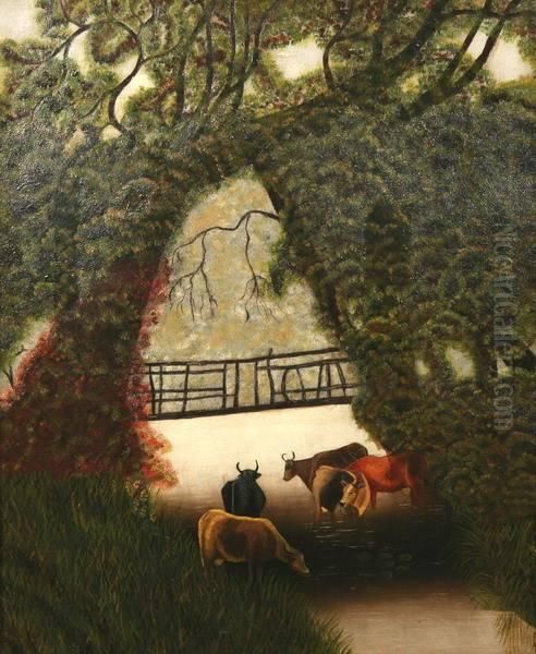 Cattle In A Stream Under Bridge Oil Painting by Jennie Cooper Calvert