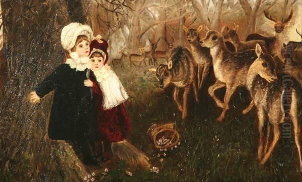 Two Girls With Deer Oil Painting by Jennie Cooper Calvert