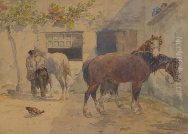 La Visite Du Forgeron Oil Painting by Leon Georges Calves