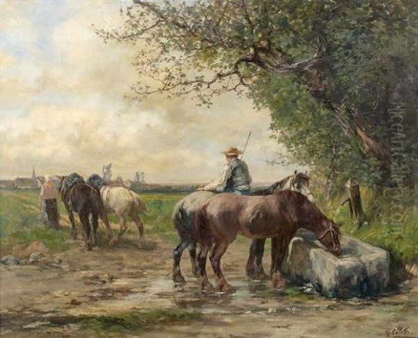 Chevaux Des Champs A L'abreuvoir Oil Painting by Leon Georges Calves