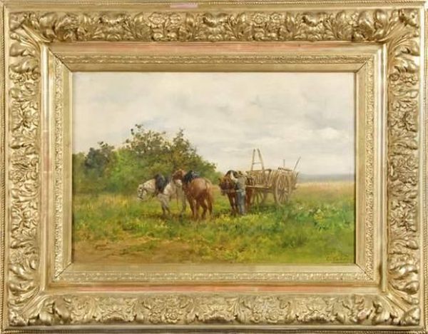 Chevaux Tirant Une Charrette Oil Painting by Leon Georges Calves