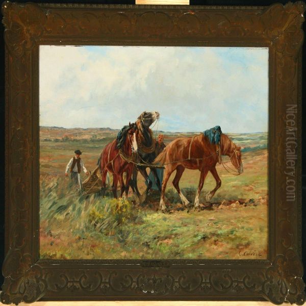 Ploughscene With Horses Oil Painting by Leon Georges Calves