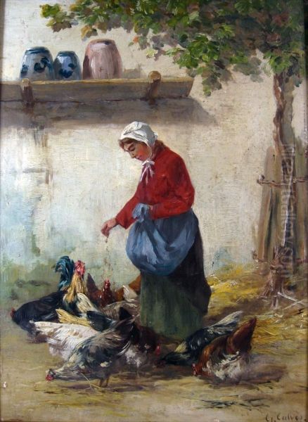 Feeding The Chickens Oil Painting by Leon Georges Calves