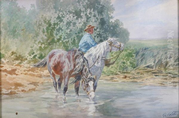 La Halte Au Bord De L'eau Oil Painting by Leon Georges Calves