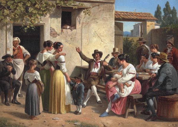 An improvisor. A fisherman from Ischia is improvising for the young girls on his lute. Oil Painting by Wilhelm Marstrand