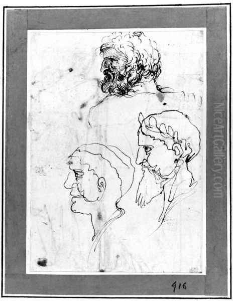 Three heads of bearded men, profiles left Oil Painting by Agostino Carracci