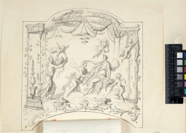 Draft for a Wall Panel with a Mythological Figural Scene within a Light Portico. A flap showing an alternative figural scene Oil Painting by Claude Audran III