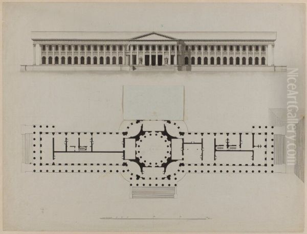 Draft for the Addition of a Monumental Stairwell at North. Facade and Plan Oil Painting by Louis Jean Desprez