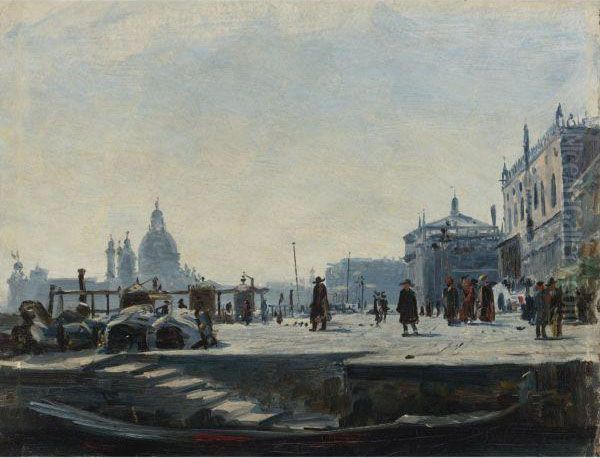 View Of The Riva Degli Schiavoni, Venice, Looking West Towards Thepalazzo Ducale And The Punta Della Dogana Oil Painting by Ercole Calvi