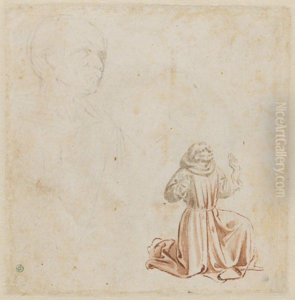 St Francis kneeling to recieve the stigmata and a study of a head Oil Painting by Benozzo Gozzoli