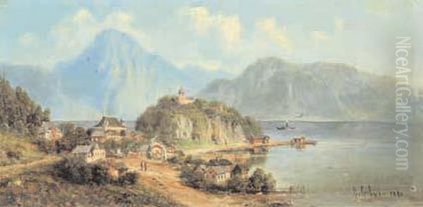 Veduta Di Paese Su Lago Oil Painting by Ercole Calvi